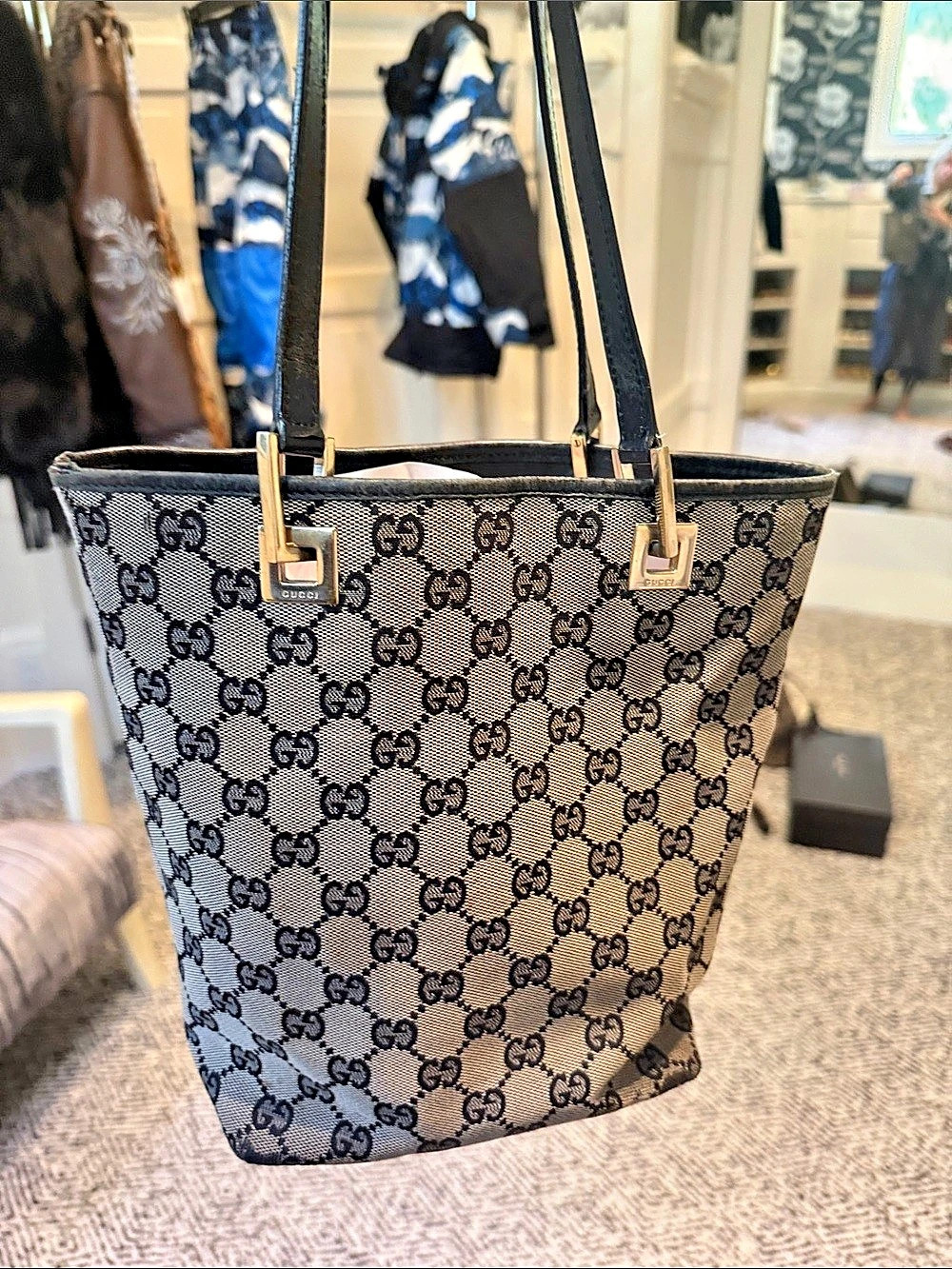 Gucci Black GG Monogram Canvas Square Hardware Tote Bag Brown & Black